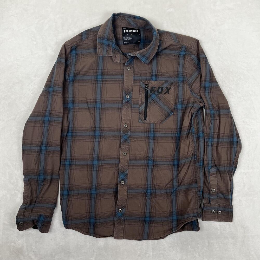 Fox Racing Shirt Mens Large Brown Plaid Flannel Long Sleeve Button Front Casual